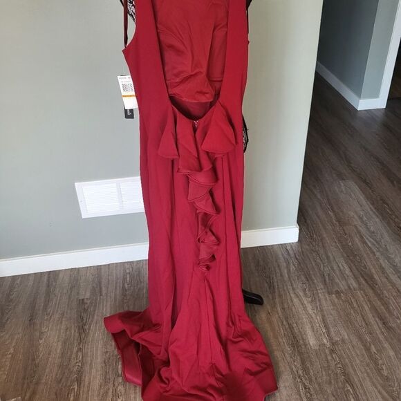Sequin Hearts Ruffle Scoop Back Scuba Gown-RED-7 - Picture 3 of 6